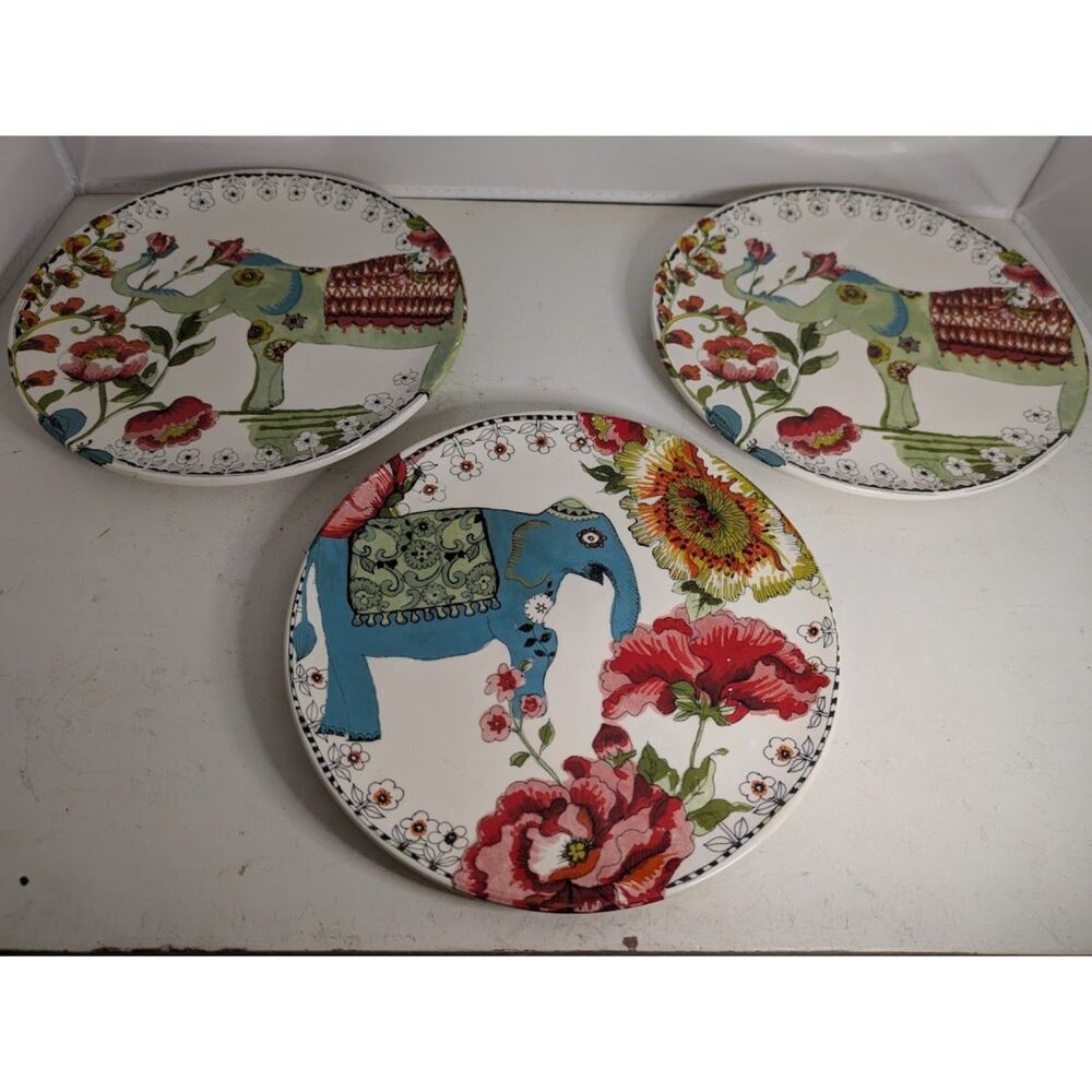 Cost Plus World Market Nomad Elephant Floral Salad Plate Blue Green 8.5" Set/3